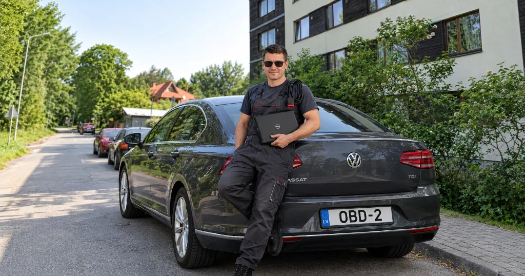 Imantas auto diagnostikas meistars ar portatīvo datoru un OBD-2 pie automašīnas Dumbrāja ielā