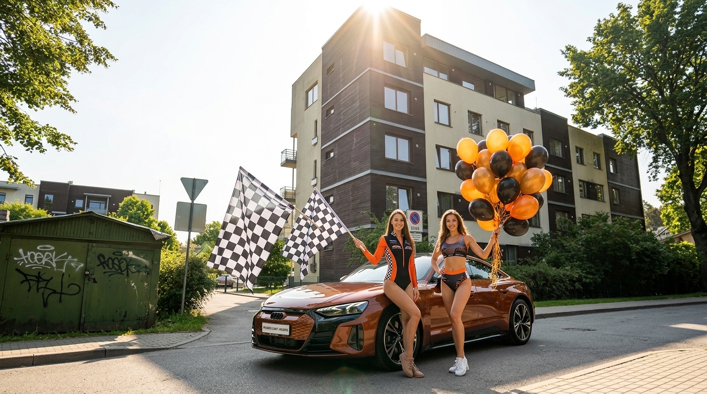 Imantas Auto Diagnostika Sezonas Promo Akcija - Meitenes ar sacīkšu karodziņiem un baloniem